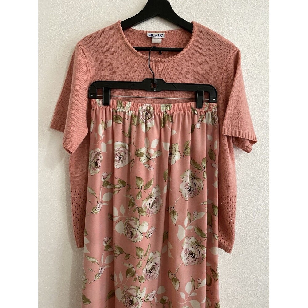 Blair Women's 2 Pc Set Pink Floral Sweater & Skirt Sz L P Cottage Granny H8